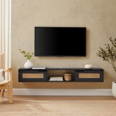 Boho 2-Door Floating TV Stand for TVs up to 65” Living Room Walker Edison Tv Stand Floating Shelves, Floating Shelf Tv Wall, Floating Media Console, Wall Mounted Media Console, Wall Mount Tv Stand, Floating Tv Unit, Tv Stand Brown, House Lounge, Hanging Tv