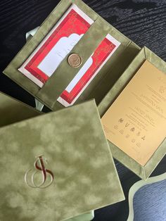 the inside of an open box containing two wedding cards and a pocket for a ring