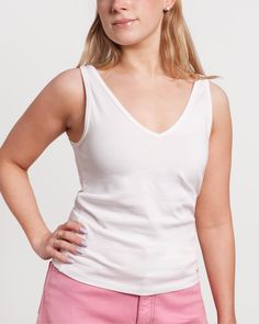 V-Neck Pima Tank White - Frances Valentine Basic Seamless Cotton Tank Top, Casual V-neck Vest For Loungewear, Casual Everyday Modal Camisole, Basic Cotton Tank Top For Spring, Everyday Cotton V-neck Tank Top, Spring Basic Cotton Tank Top, Cotton Seamless Relaxed Fit Tops, Basic Camisole Tops For Loungewear, Seamless Cotton Tops With Relaxed Fit