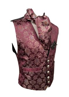 This is a vintage design mauve  gold  brocade waistcoat Fully lined . Available in two sizes SM 40/42 ML 42/44 It comes with matching cravat and handcrafted metal steampunk keyhole frame pin Thanks for looking Steampunk Formal Sleeveless Vest, Formal Steampunk Sleeveless Vest, Formal Sleeveless Steampunk Vest, Fitted Gold Vest Elegant Style, Gold Fitted Vest, Fitted Gold Elegant Vest, Elegant Gold Fitted Vest, Elegant Fitted Vest For Costume Party, Festive Formal Fitted Vest