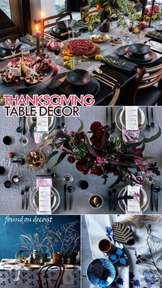 the table is set for thanksgiving dinner with flowers, candles and plates on it's side