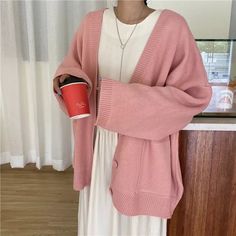 Jumper Aesthetic, Pink Cardigan Sweater, Oversized Knit Cardigan, Cardigan Women, Pink Cardigan, Oversized Cardigan, Loose Sweater, Fashion Korean, Hot Dress