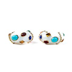 Product Description: Add a touch of glamour to your look with these gold and white pierced hoop earrings embellished with multicolored gemstones. These bold statement pieces make a subtle yet eye-catching addition to your jewelry collection.  Dimensions: 1" x 1" Style Number: 4606EW Designer Fashion Jewelry, Gold Bangle Bracelet, Gold Bangle, Jewel Box, Navy Green, Gold Enamel, Jewelry Designer, Kenneth Jay Lane, Navy And Green