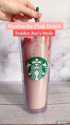 starbucks pink drink with straw in it and text reading starbucks pink drink trader joe's style