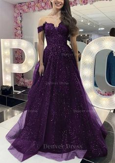 A Line Off The Shoulder Regular Straps Long Floor Length Tulle Prom Dress Outfits For Women With Appliqued Glitter Purple Off-shoulder Prom Dress, Purple Off-shoulder Gown For Party, Purple Off-shoulder Prom Evening Dress, Purple Off-shoulder Evening Dress For Gala, Purple Off-shoulder Evening Dress For Party, Purple Off-shoulder Evening Dress, Purple Off-shoulder Gown For Formal Occasions, Purple Off-shoulder Formal Gown, Off-shoulder Purple Gown For Formal Occasions