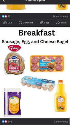 an advertisement for breakfast sausages, eggs and cheese bagel on the internet page