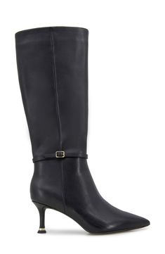 A buckled ankle strap adds modern sophistication to a knee-high leather boot balanced by a pointy toe and tapered heel. 2 1/2" heel 15" shaft; 15 1/4" calf circumference Side zip closure with elastic gore inset Cushioned footbed Leather upper/synthetic lining and sole Imported Wide Calf Low Heel Knee-high Boots For Work, Wide Calf Knee-high Boots With Low Heel For Work, Knee-high Boots With Buckle Closure For Work, Workwear Knee-high Boots With Low Heel Medium Width, Workwear Boots With Buckle Closure, Heeled Boots With Buckle Ankle Strap, Classic Low Heel Knee-high Boots For Formal Occasions, Chic Low Heel Boots With Buckle Closure, Formal Low Heel Knee-high Boots With Reinforced Heel