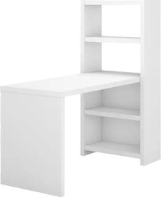 a white desk with an open shelf on the top and shelves below it, against a white background