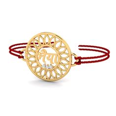 "A rakhi (bracelet made of thread, having a solid gold pendant in the center to which the thread is tied) that is made of 18K gold with diamonds. A Bhai , Motif styled real gold rakhi for your \"bhaiya\" to make this Raksha Bandhan super special for him. It's not just about the gold rakhi, but the whole package that he receives. The rakhi comes inside a posh gift box that completely elevates the gifting experience for both of you . Satin threads are provided on either side and it comes in a beau Bangle Bracelets As Diwali Gifts, 22k Gold Jewelry For Navratri Gift, Elegant Bracelets For Navratri Gift, Round Bracelets Gift For Diwali, Diwali Gift Bracelets, Round Bracelets For Puja, Navratri Puja Bracelets, Spiritual Yellow Gold Bracelet, 22k Gold Bracelets For Diwali Gift