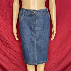 Lana Sport Stretch Denim Knee Skirt Size XL Dark wash denim skirt  Classic style with stretch material  NWT Excellent Condition  77% Cotton  21% Polyester 2% Spandex Flat Lay Measurements: Waist 19" Length 23" Stretch Denim Pencil Skirt With Pockets, Stretch Denim Blue Knee-length Skirt, Stretch Denim Skirt With Pockets, Knee-length, Knee-length Stretch Denim Skirt, High-waist Stretch Denim Skirt With Lining, High Waist Stretch Denim Skirt With Lining, Dark Wash Stretch Mid-rise Skirt, Knee Skirt, Chic Summer Outfits