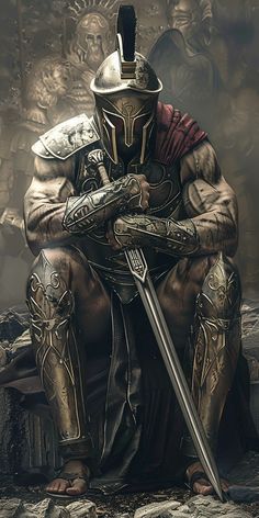 a digital painting of a man dressed in armor and holding two swords sitting on the ground