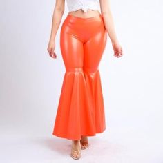 Flare Leg Pants Orange High Waist Leather Pants For Summer Night Out, Spring Flare Pants In Solid Color, Non-stretch Wide Leg Leather Pants For Spring, Chic Leather Pants For Summer Parties, Solid Color Flare Pants For Spring, Trendy Stretch Leather Pants For Spring, Fitted Flare Leather Pants For Party, Spring Full-length Leather Pants, Chic Orange Pants For Night Out