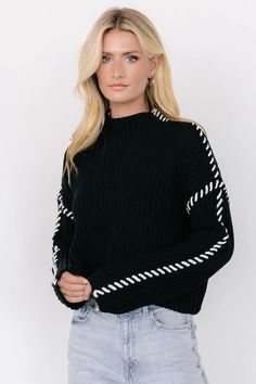 Discover the Madden Knit Sweater, where elegance meets comfort. Crafted from a cozy blend of 60% cotton and 40% acrylic, this drop shoulder style is perfect for staying warm while looking stylish. Cocktail Jumpsuit, Destination Dress, Baltic Born, Romper Outfit, Velvet Fashion, Mock Turtleneck, Cozy Sweater, Sweater Knit, Cup Size