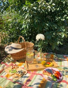 a picnic table with fruit and drinks on it