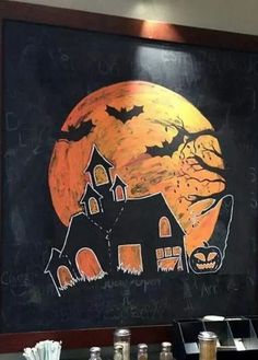 you can recreate this spooky Halloween castle to be part of your Halloween home decoration. #SpookyCastle #HalloweenCastle #HalloweenIdeas #SpookyDecor #CastleDecor #HalloweenInspiration #CreativeHalloween #HauntedCastle #HalloweenDecor #DIYHalloween Starbucks Halloween Board, Halloween Chalk Drawings, Halloween Chalkboard Ideas, Halloween Watercolors, Halloween Chalk Art, Spooky Halloween Castle, Fall Chalkboard Art, Halloween Chalkboard Art, Chalk Markers Art