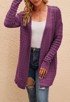 The EMES SHOP cardigan is detailed with a cool hole knit material. Features solid color. open front design. drop shoulder. long sleeves. regular fit. and long length. Layer it over a turtleneck and pants for a cozy look.MATERIAL:100% AcrylicMEASUREMENTS: Product Length30.31"-31.5"in 4-6-Small | Waist: 25 -26.5 in | Chest: 33 -34.5 in 6-8-Medium | Waist: 26.5 -28 in | Chest: 34.5 -36 in 8-10-Large | Waist: 28 -29.5 in | Chest: 36 -37.5 in 10-12-X-Large | Waist: 29.5 -31 in | Chest: 37.5 -39... Purple Cardigan, Cardigan Sweater Coat, Knitted Coat, Sweater Coat, Loose Sweater, Knitted Cardigan, Open Front Cardigan, Knit Sweater Cardigan, Sweater Coats