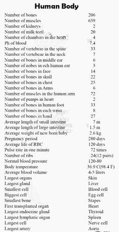 a table with numbers and symbols for human body