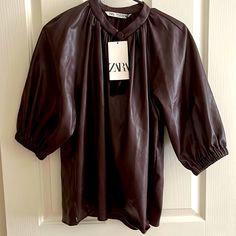 Nwt Zara Faux Leather Bell-Sleeves Blouse In Rich Dark Chocolate Size Small Elegant Leather Tops For Work, Brown Puff Sleeve Blouse For Fall, Leather Tops For Office In Fall, Leather Top For Office In Fall, Chic Leather Tops For Fall, Elegant Leather Tops For Fall, Elegant Leather Tops For Office, Leather Short Sleeve Tops For Fall, Brown Leather Top For Fall