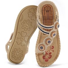 PRICES MAY VARY. Bohemian Styles : These flat sandals for women are made of high quality PU leather and decorated with exquisite boho rhinestone beads into flowers make shoes more distinctive. Cushioned Insole : These sandals women soft rubber points of the insole can relieve foot fatigue, help absorb and cushion, promote blood circulation, and be healthy. Anti-Slip Durable Sole : The soles of womens sandals are designed with non-slip texture, which provides good grip and traction, making your w Flat Sandals For Women, Dressy Flats, Orthopedic Sandals, Toe Ring Sandals, Rubber Sandals, Beaded Sandals, Bohemian Rings, Toe Ring, How To Make Shoes