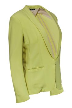 Grab this light and bright blazer today for some seriously sassy styling! Made with a sleek silhouette, this Rag & Bone jacket features a neon greenish yellow for a bright take on a classic piece of suiting. Perfect for wearing with your favorite sleek dresses. Size 6 69% Triacetate, 31% Polyester Front hook closure Shawl lapel Slim silhouette Exterior pockets Very light padding in shoulders Waist 34" Sleeve 24.5" Shoulder to hem 25.5" Yellow Spring Office Blazer, Trendy Yellow Spring Blazer, Spring Yellow Blazer, Green Spring Party Blazer, Fitted Yellow Blazer For Spring, Bone Jacket, Bright Blazer, Green Shawl, Sleek Dress