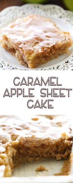 caramel apple sheet cake on a white plate with the words caramel apple sheet cake