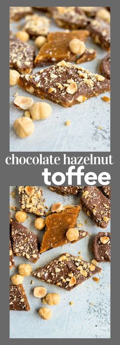 chocolate hazelnut toffee on a baking sheet with text overlay that reads, chocolate hazelnut toffee