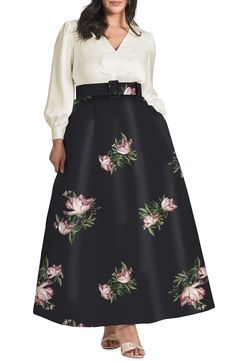 A crisply box-pleated skirt and pintucked bodice bring tailored structure to this sweeping mikado gown that dials up the romance with blooming florals and billowed sleeves. Back zip closure V-neck Long sleeves with button cuffs Removable belt 100% polyester Dry clean Imported Asian & Pacific Islander Owned/Founded Elegant Box Pleat Skirt For Party, A-line Evening Skirt With Box Pleat, Formal Full Skirt Dress With Accordion Pleats, Formal Dresses With Accordion Pleats And Full Skirt, Formal A-line Skirt With Pleated Back, Formal A-line Skirt With Box Pleats, Formal Black Box Pleat Skirt, Formal Black Skirt With Box Pleat, Elegant Pleated Skirt For Galas