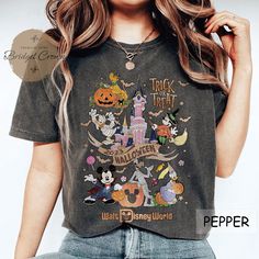 Disney Halloween Shirt, Trick Or Treat Shirt, Mickey And Friends Halloween Shirt Themed Black Cotton Tops, Themed Short Sleeve Fall Top, Themed Short Sleeve Top For Fall, Black Character Print Top For Fall, Black Tops With Character Print For Fall, Black Cotton Themed Tops, Themed Black Top With Character Print, Themed Black Tops With Character Print, Themed Black Tops For Streetwear