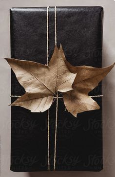 a present wrapped in black paper with a leaf on it