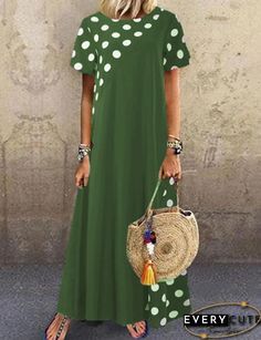 Casual Polka Dot Maxi Dress For Beach, Polka Dot Short Sleeve Dress For Vacation, Short Sleeve Polka Dot Maxi Dress For Beach, Bohemian Polka Dot Beach Dress, Polka Dot Short Sleeve Beach Dress, Bohemian V-neck Polka Dot Dress, Casual Polka Dot Short Sleeve Maxi Dress, Casual Polka Dot Maxi Dress With Short Sleeves, Rok Denim