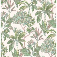 a wallpaper with green leaves and flowers on it