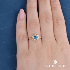 Celestial Wedding Ring Women London Blue Topaz Engagement Ring Vintage Yellow Gold Sun Ring Crescent Bridal Ring Unique Moon Star Ring Gift 🌙 Product Details -Center Stone: London Blue Topaz, 5mm, Round Cut -Accent Stone: Moissanite, 0.07CT Total -DEF/VVS-VS -Ring Band: 1.8mm -Metal Choice: 10K, 14K or 18K Solid Gold (Rose, White, or Yellow) and Platinum **Handmade in the US The making process is about 3-4 weeks!! 🌙 MoonLandUS Service Available - Accept return and exchange for normal orders. A Celestial Wedding Ring, Moon Star Ring, London Blue Topaz Engagement Ring, London Blue Topaz Engagement Rings, Wedding Ring Women, Sun Ring, Blue Topaz Engagement Ring, Moon And Star Ring, Celestial Wedding