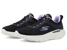 SKECHERS Go Run Lite - Women's Shoes : Black/Purple : Let your feet breathe and feel comfortable wearing the SKECHERS Go Run Lite shoes. Textile and synthetic upper. Textile lining and insole. Round toe. Ankle pull-on tab. Lace closure. Synthetic outsole. Imported. Measurements: Weight: 8 oz Product measurements were taken using size 9, width B - Medium. Please note that measurements may vary by size. New Balance Sneakers With Air Cushioning For Light Exercise, New Balance Sneakers With Arch Support For Light Exercise, Air Max Cushioned Slip-on Walking Shoes For Sports, New Balance Black Sneakers With Arch Support, Slip-on Walking Shoes With Air Max Cushioning For Sports, New Balance Slip-on Running Shoes For Light Sports, New Balance Slip-on Running Shoes For Sports, Breathable Synthetic New Balance Walking Shoes, Breathable Synthetic Walking Shoes By New Balance