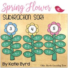 the spring flower subtraction sort is shown in front of a wooden board with numbers and flowers on it