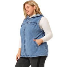 The hooded design adds a certain functionality to the denim vest. This design can provide sun protection, warmth or decoration. Compared with button-type or lace-up vests, zippers are more convenient and eliminate the trouble of tedious button operations or tying. The fake flap pocket on the chest plays a decorative role, and the side pockets provide additional storage space. These pockets can be used to store small items such as mobile phones, keys, wallets, etc., which are convenient to carry Sleeveless Jean Jackets, Plus Size Hoodie, Long Denim Jacket, Long Overcoat, Plus Size Winter, Plus Size Outerwear, Blazer Mid, Ladies Of London, Sleeveless Jacket