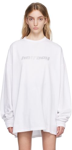 Cotton jersey T-shirt. · Rib knit crewneck · Crystal-cut logo at chest · Dropped shoulders Supplier color: White Long Sleeve T-shirt With Logo For Streetwear, Oversized Logo Detail Tops For Streetwear, Sporty Crew Neck Tops With Embroidered Logo, Long Sleeve Tops With Logo Lettering For Streetwear, Relaxed Fit Crew Top With Logo Detail, Streetwear Crew Neck Tops With Embroidered Logo, Streetwear Crew Top With Embroidered Logo, Oversized Logo Print Crew Neck Top, Oversized Crew Neck Tops With Logo Print