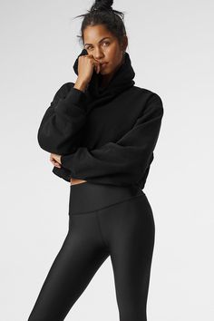 A cute and comfy counterpart to your high-waisted favorites, the Bae Hoodie has a relaxed fit, long scrunchable sleeves, ribbed cuffs and a slightly cropped ribbed hem that highlights the natural waist. The pocketless design is streamlined and bulk-free, and the French terry is an absolute pleasure to pull on: smooth on outside and fleecy on the inside. Ribbed Hooded Hoodie For Loungewear, Ribbed Hoodie For Loungewear, Stretch Ribbed Hooded Top, Casual Stretch Ribbed Hoodie, Cozy Stretch Solid Hoodie, Ribbed Hoodie For Fall Loungewear, Comfy Stretch Hoodie With Ribbed Cuffs, Athleisure Hoodie With Ribbed Cuffs And Funnel Neck, Fall Ribbed Hoodie Athleisure Style