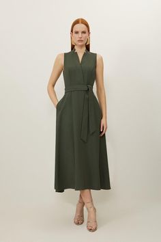 Crafted With Effortless And Elegant Motif, This Midi Dress Features A Tailored Design With A Belted Waist, Sleeveless Design, Notched Neckline And Full Skirt. Ready To Be Styled Up Or Down For Spring Occasions.Midi Dressbeltedsleeveless Wedding Guest Maxi Dress Fall, Wedding Guest Maxi Dress, Maxi Dress Fall, Petite Wedding Guest Dresses, Karen Millen Dress, Spring Wedding Guest Dress, Ibiza Outfits, Notched Neckline, Bachelorette Outfits