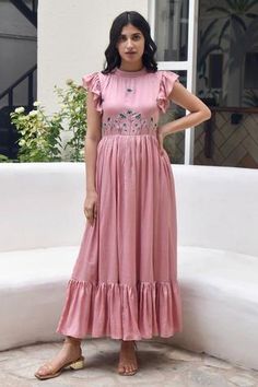 Shop for Taro Pink Modal Silk Floral Two Tier Dress for Women Online at Aza Fashions Floor-length Embroidered Dress For Garden Party, Embroidered Floor-length Dress For Garden Party, Fitted Pink Tiered Dress, Feminine Tiered Cotton Dresses, Pink Peplum Dress With Ruffles, Pink Fitted Sleeveless Tiered Dress, Festive Peplum Dress With Ruffles, Festive Ruffled Peplum Dress, Pink Floral Embroidery Floor-length Maxi Dress