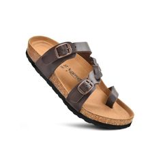 Slip on the Seraph slides and experience the perfect blend of comfort, style, and support. These sandals feature two adjustable straps with a functional buckle, allowing for a personalized fit that enhances comfort. The heel cup and raised toe-bar are designed to promote stability and balance, ensuring you can walk carefree while exploring the city or enjoying casual outings. Seraph slides prioritize both functionality and fashion, making them versatile for various activities and occasions. Whet Adjustable Buckle Closure Comfortable Flip Flops, Comfortable Adjustable Double Strap Footbed Sandals, Womens Strappy Sandals, Womens Slides Sandals, Sandals Brown, Footbed Sandals, Womens Slides, Round Toe Heels, Brown Sandals