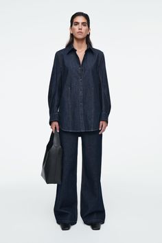 OVERSIZED DENIM SHIRT - INDIGO - Shirts - COS Denim Blue Relaxed Fit Top With Patch Pockets, Relaxed Fit Denim Blue Top With Patch Pockets, Denim Blue Top With Patch Pockets And Relaxed Fit, Utility Cotton Denim Top For Fall, Fall Utility Style Cotton Denim Top, Spring Workwear Denim Top With Patch Pockets, Workwear Denim Blue Top With Patch Pockets, Workwear Denim Top With Patch Pockets, Oversized Dark Wash Shirt For Spring