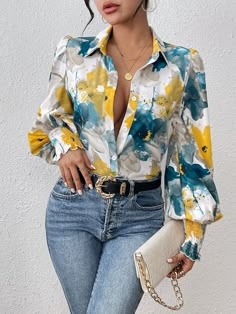 Azul Bohemio Collar manga larga Tela tricotada Floral,Estampado Integral Camisa Embellished No-Elástico Flower Print Shirt, Puff Sleeve Shirt, Winter Collars, Women Blouses, Spring Shirts, Cardigan Fashion, Boho Women, Inspiration Mode, Plus Size Blouses