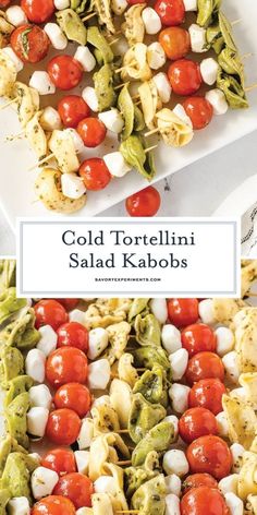 Cold Tortellini Salad Kabobs - Easy, No-Cook & Make Ahead Party Food Appetizers Cold, Salad Kabobs, Caprese Tortellini, Appetizers Cold, Tortellini Skewers, Pool Party Food, Skewer Appetizers, Tortellini Salad, Finger Foods Easy