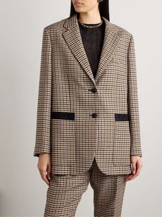 VERONICA DE PIANTE Sebastian grosgrain-trimmed houndstooth wool blazer Tailored Houndstooth Suits For Work, Elegant Houndstooth Blazer For Workwear, Luxury Houndstooth Blazer For Office, Outfits For Spain, Winter Cardigan, Satin Blazer, Corduroy Blazer, Velvet Blazer, Exclusive Dress