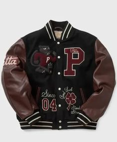 Lucky Charm Letterman Varsity Jacket Brown Varsity Jacket, Deadpool Jacket, Thunder Outfit, Biker Jacket Men, Womens Black Leather Jacket, Aviators Women, Leather Sleeves, Aviator Jackets, Letterman Jacket