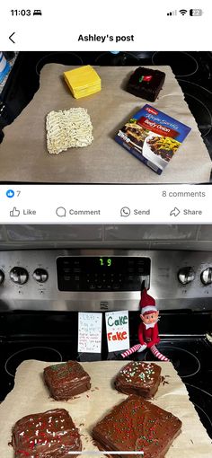 an elf is sitting in front of some brownies on the stove and another elf is standing next to them