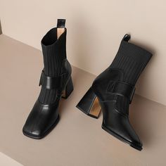 Square Toe Ankle Boots, Boots For Short Women, Black Slip On, Leather Short, Slip On Boots, Black Heel, Stylish Boots, Leather Shorts, Pretty Shoes