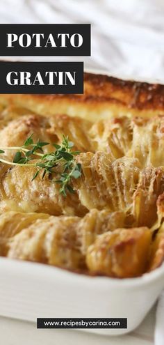 a casserole dish filled with potatoes and meat, garnished with parsley