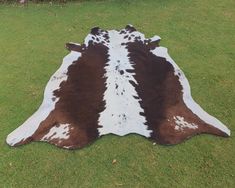 a brown and white cowhide rug on grass