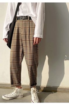 Vintage Khaki Ankle Length Men Plaid Pants – Tomscloth Checkered Trousers Outfits Men, Retro Baggy Pants For Fall, Retro Winter Trousers, Masc Pants, Plaid Dress Pants Outfit, Checkered Pants Men, Plaid Pants Outfit Casual, Plaid Pants Outfit Men, Plaid Pants Men Outfit